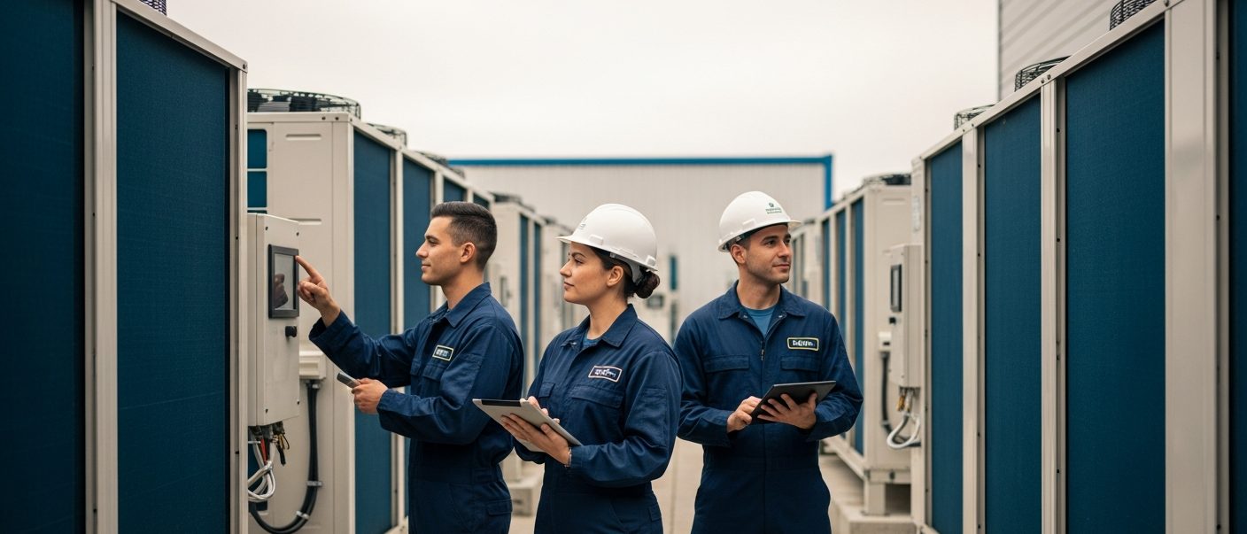 Equipe MBM Ar Condicionado em pátio operacional com unidades condensadoras