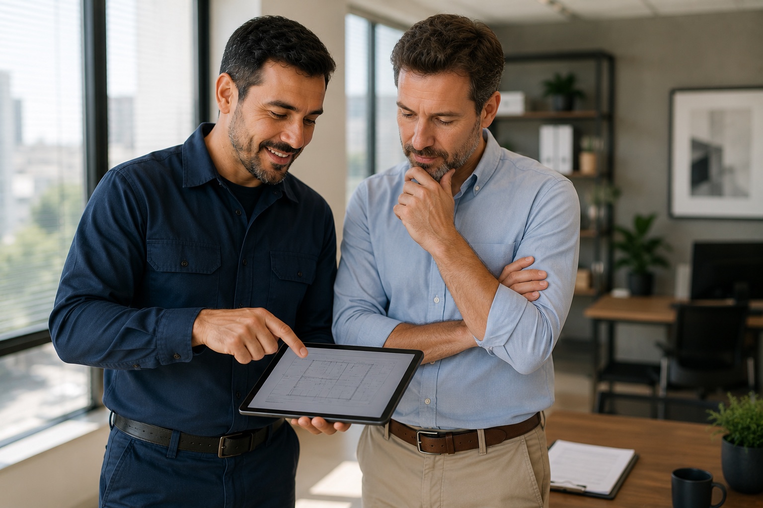 Técnico e responsável pela empresa avaliando juntos um desenho técnico de climatização num tablet, escritório comercial